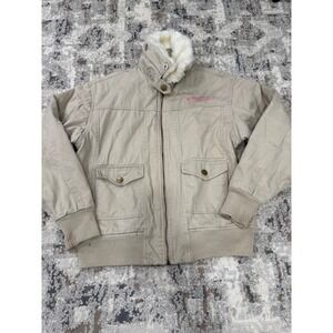 Big Dogs Vintage Tan Bomber Jacket Pink Quilted Lining Faux Fur Collar Womens S